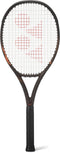 A Yonex EZONE 100 Espresso Brown 2026 tennis racket, featuring a black frame, white string bed, and a bold red logo on the strings, is photographed against a white background. This new model utilizes Vibration Dampening Mesh technology from Yonex to deliver enhanced comfort and precision with every shot.