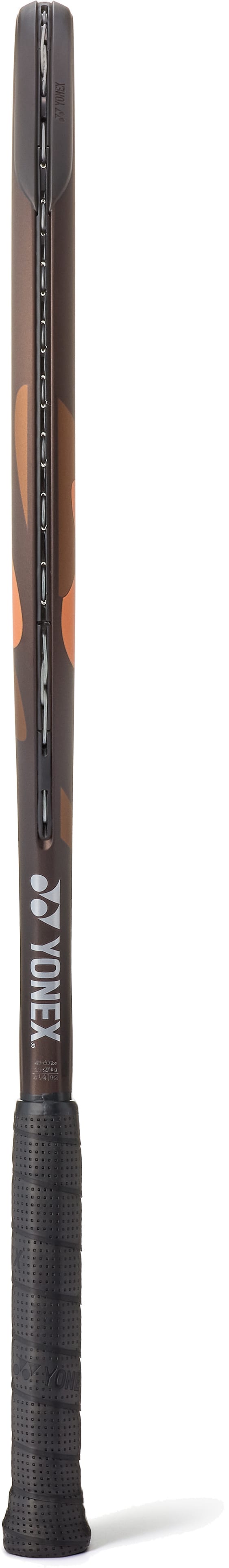 A Yonex EZONE 100 Espresso Brown 2026 tennis racket stands vertically with a black grip, espresso brown frame, and orange accents. Featuring Vibration Dampening Mesh, this Yonex racket helps provide a smoother feel on every swing.
