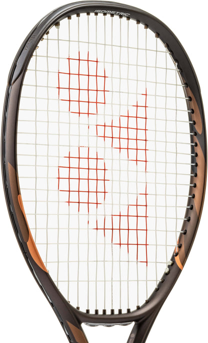 A close-up of the Yonex EZONE 100 Espresso Brown 2026 tennis racket showcases its strings featuring a red Yonex logo and a distinctive black and orange frame, highlighting the advanced Vibration Dampening Mesh technology for enhanced comfort on every shot.