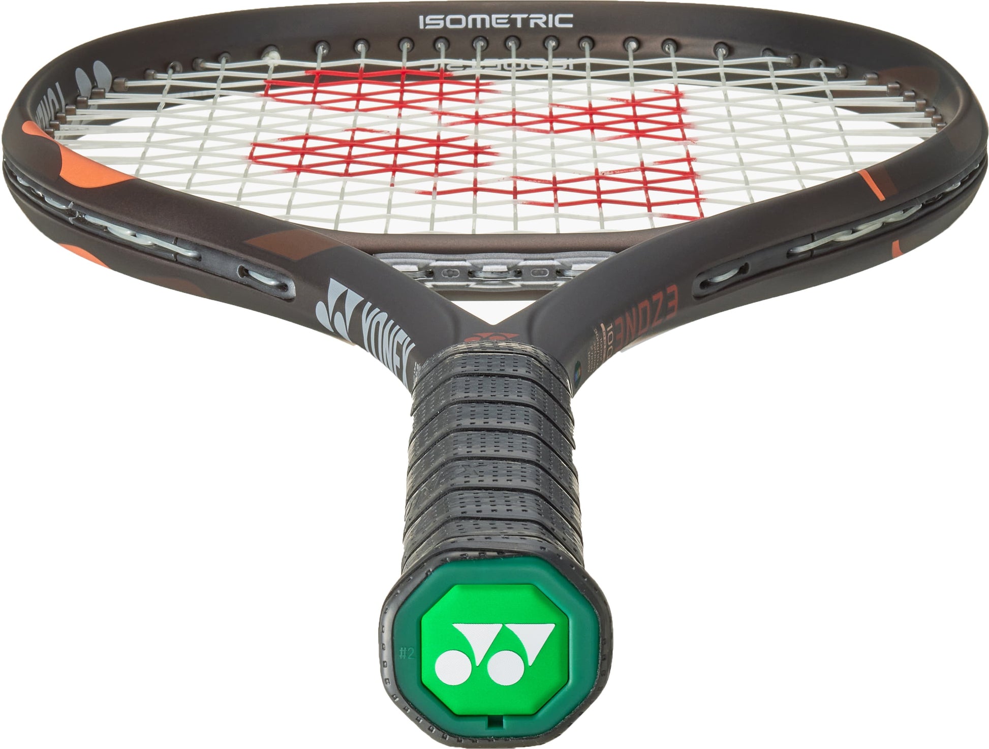 Close-up view of the Yonex EZONE 100 Espresso Brown 2026 tennis racket, highlighting the black grip, green Yonex logo on the handle base, and patterned strings on the racket head. This model features Vibration Dampening Mesh for enhanced comfort during play.