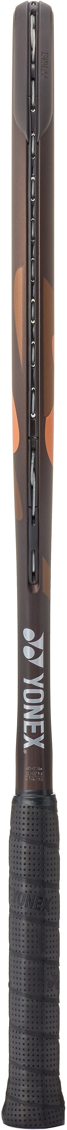 Close-up view of a Yonex EZONE 98 Espresso Brown 2026 tennis racket handle with a textured black grip and part of the frame visible, featuring string holes and a partial white Yonex logo—ideal for advanced players seeking precision and performance.