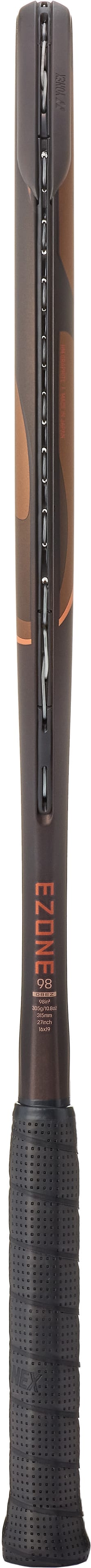 A close-up of the handle and lower shaft of a brown and black tennis racket, specifically the Yonex EZONE 98 Espresso Brown 2026 Tennis Racket by Yonex, highlighting its textured grip and a portion of the string bed—perfect for advanced players seeking enhanced performance.