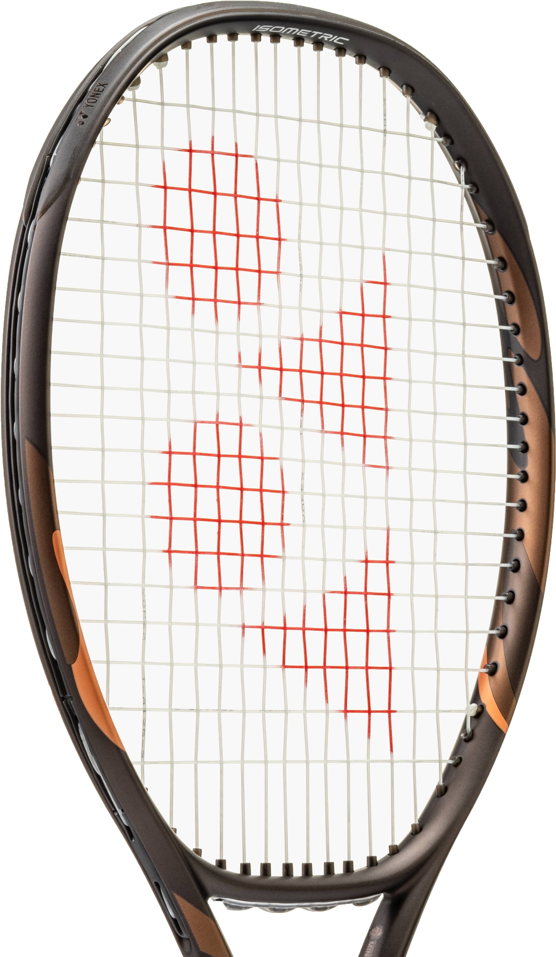 A close-up of a Yonex EZONE 98 Espresso Brown 2026 Tennis Racket with a black and bronze frame and white strings, featuring a red geometric design at the center of the string bed—ideal for advanced players seeking precision and power.