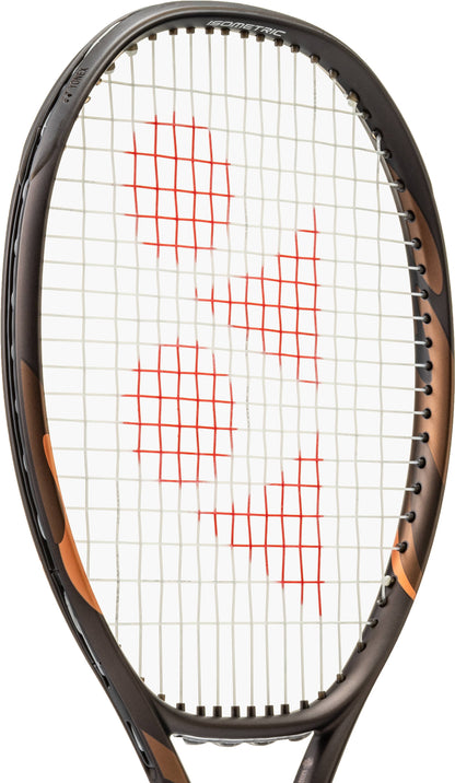 A close-up of a Yonex EZONE 98 Espresso Brown 2026 Tennis Racket with a black and bronze frame and white strings, featuring a red geometric design at the center of the string bed—ideal for advanced players seeking precision and power.