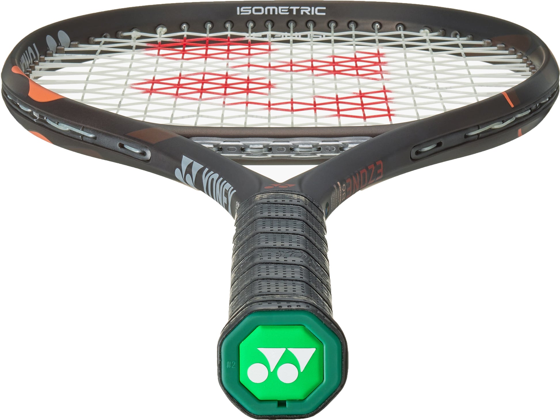 A close-up of the Yonex EZONE 98 Espresso Brown 2026 Tennis Racket highlights the handle wrapped in black grip, the signature green Yonex logo at the end, and racket head strings featuring a red Yonex mark—an ideal choice for advanced players pursuing precision and power.