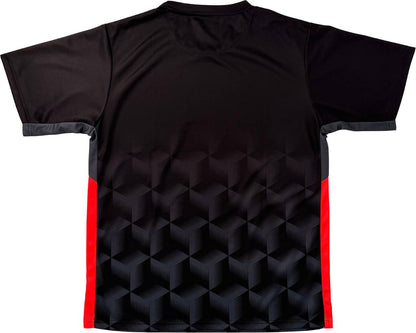 The Yonex YTM12 Men’s Tennis T-Shirt in black showcases a geometric cube pattern on the lower back and bold red side panels, blending style and performance—a great choice for your next match.