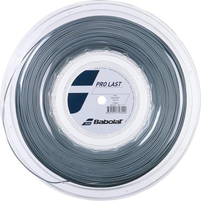 A transparent circular spool holding gray tennis string labeled "Choose Strings" from Tennis HQ, with a blue and white label providing information about the string.