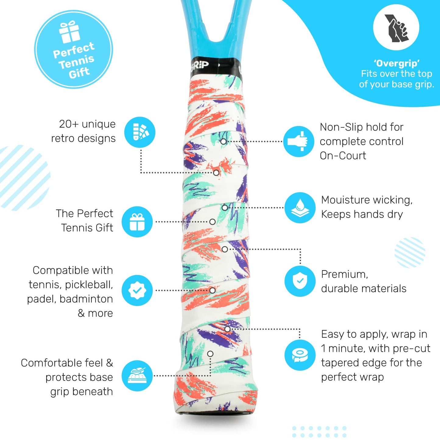The Get a Grip Tennis Overgrip - Baseline by Get A Grip wraps your racket with non-slip hold, moisture wicking, durability, comfort, and easy application—making it the perfect tennis gift for any player.