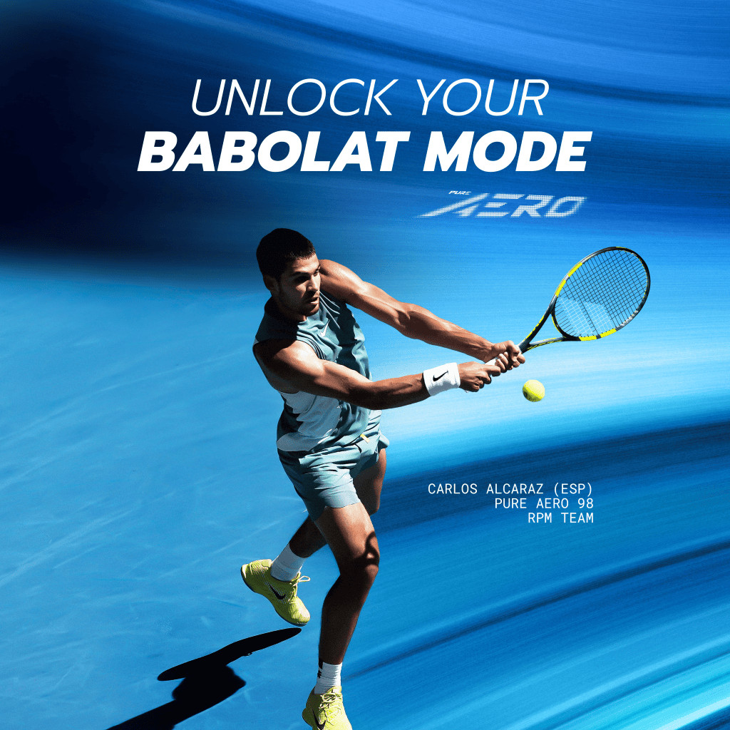 A tennis player in action on a blue court with “UNLOCK YOUR BABOLAT MODE” above. Identified as Carlos Alcaraz (ESP), he’s about to strike with the lightweight, spin-friendly Babolat Pure Aero Lite 2026 Tennis Racket by Babolat.