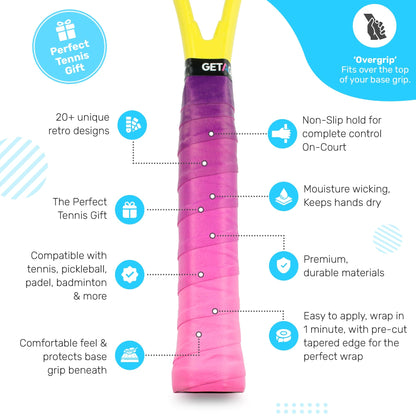 The Get a Grip Tennis Overgrip - Cascade by Get A Grip features pink and purple colors, six icons with non-slip, moisture wicking, durability, multi-sport use, easy application, and a "Perfect Tennis Gift" label—ideal for any player.