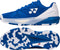 The Yonex Power Cushion Eclipsion 5 Mens Tennis Shoes in blue and white, shown from the side and bottom, feature a blue and white zigzag sole pattern and Yonex’s geometric logo with two circles and a triangle on the side.