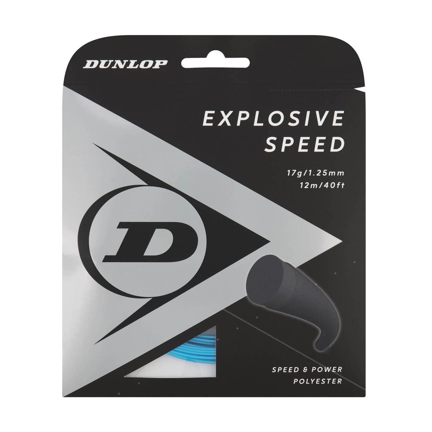 The packaging for the Choose Strings by Tennis HQ is designed to emphasize "Explosive Speed." This set of tennis strings features specifications of 17g/1.25mm with a length of 12m/40ft, promoting attributes of "Speed & Power" thanks to its polyester construction. The design includes the Tennis HQ logo along with a string graphic.