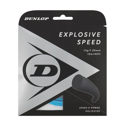 The packaging for the Choose Strings by Tennis HQ is designed to emphasize "Explosive Speed." This set of tennis strings features specifications of 17g/1.25mm with a length of 12m/40ft, promoting attributes of "Speed & Power" thanks to its polyester construction. The design includes the Tennis HQ logo along with a string graphic.