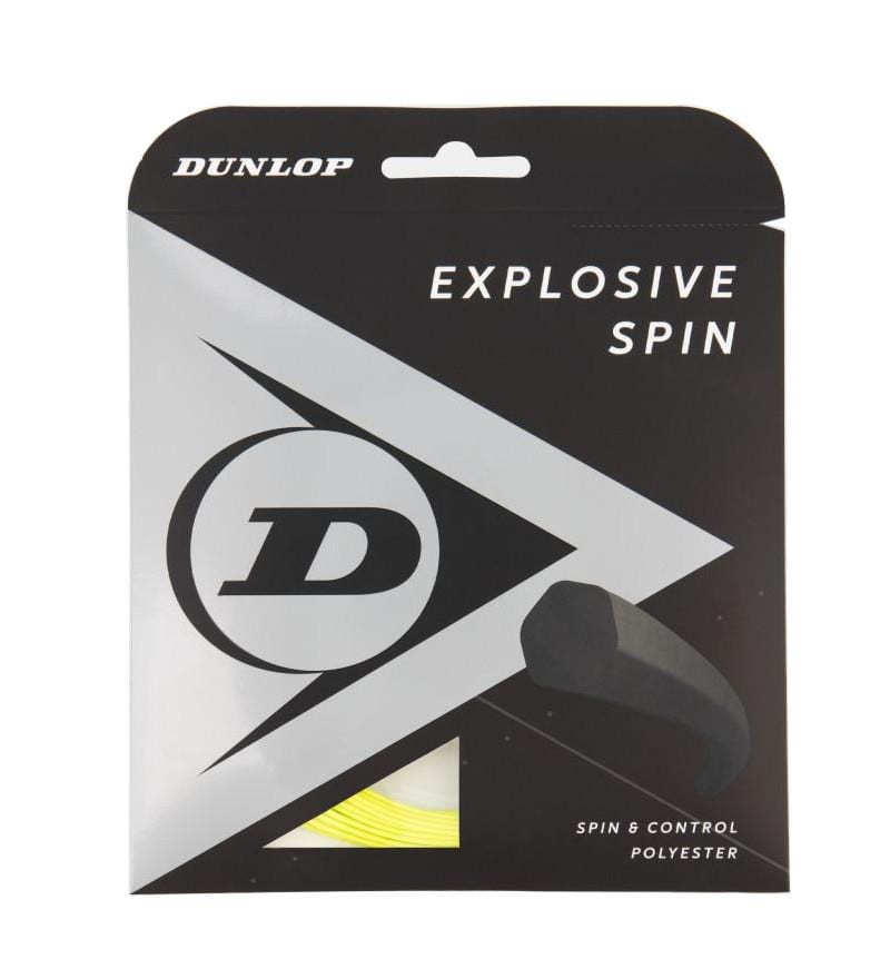 The image shows a package of Choose Strings polyester tennis strings by Tennis HQ. The packaging is black and white, featuring the Tennis HQ logo and text highlighting "Spin & Control." A small transparent section reveals the strings inside.