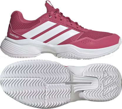 The adidas GameCourt 3 Women's Tennis Shoes in Dual Magenta/Cloud White feature a lightweight mesh and synthetic upper, white sole with wavy tread for all-court performance, and the iconic three stripes on the side.