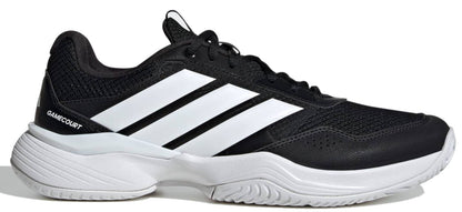 The adidas Gamecourt 3 Men's Tennis Shoes in Core Black feature signature white stripes, a textured white sole, and "GAMECOURT" near the heel—ideal for players seeking durable and stylish court footwear.