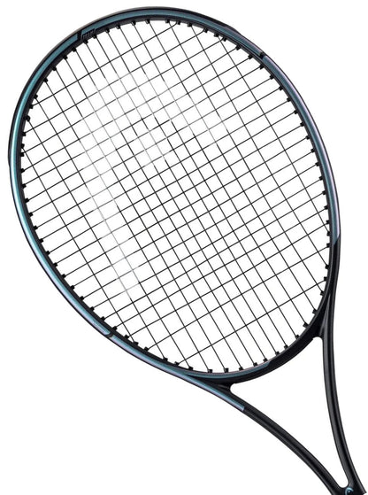 The HEAD Gravity Team 2023 Tennis Racket in black, offered by HEAD, showcases a taut string pattern and sleek frame with cutting-edge Auxetic technology, all set against a white background.