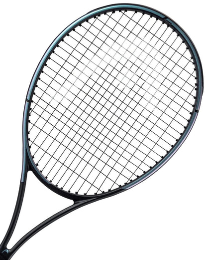 The HEAD Gravity Team 2023 Tennis Racket by HEAD is a black racket featuring tightly strung white strings, as seen from the top. This lightweight racket incorporates Auxetic technology and showcases a sleek, rounded frame with a minimalistic design.