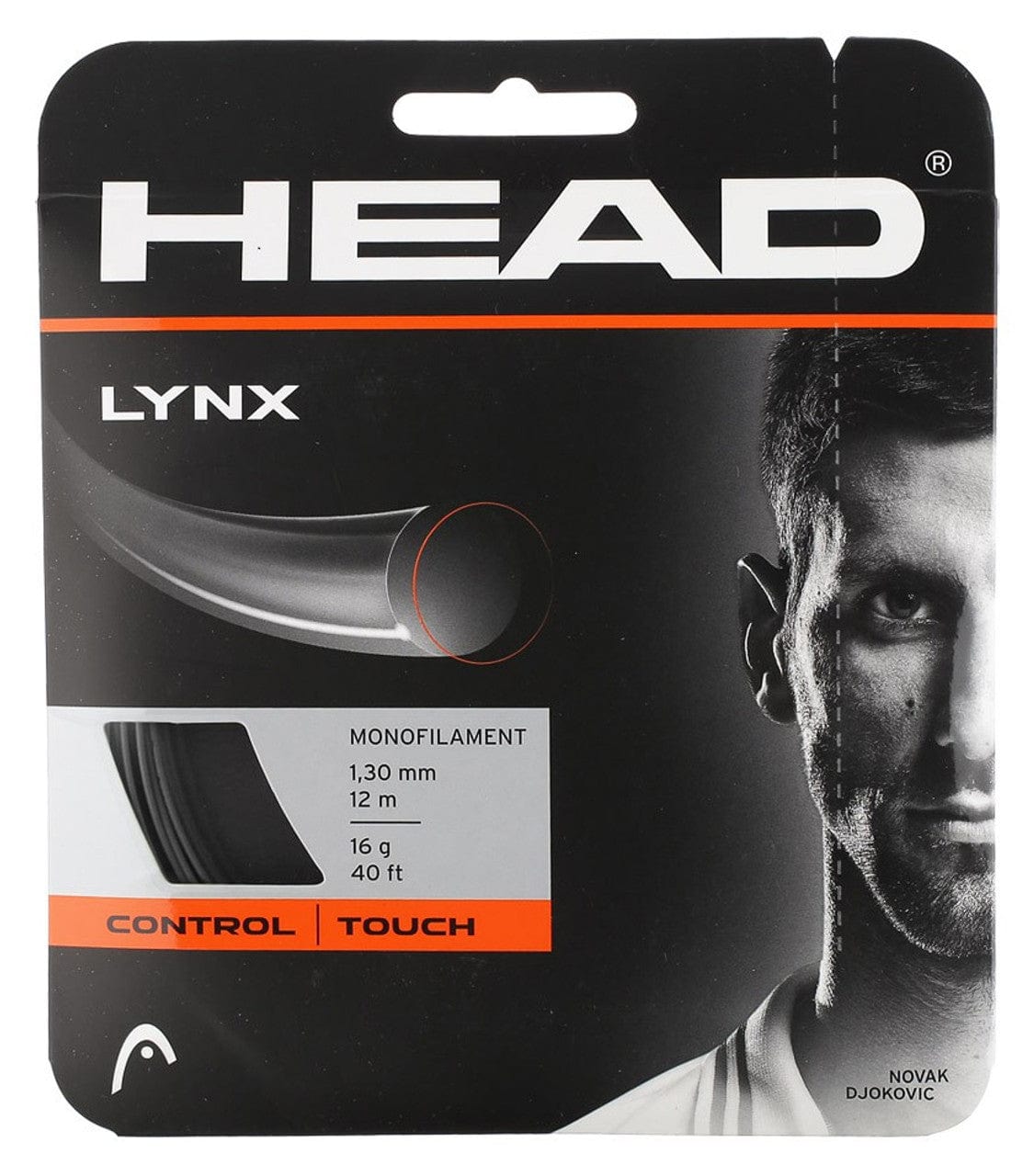 The packaging for Tennis HQ's Choose Strings showcases a partial black and white face of a tennis player on the right, with product information such as string dimensions, type, and features like "control" and "touch" displayed on the left.