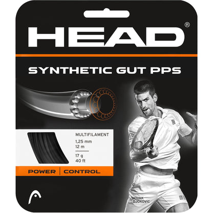 A packaging for Choose Strings by Tennis HQ. It showcases an illustration of a tennis player swinging a racket and emphasizes specifications such as 1.25 mm gauge, 12 m length, along with features like "Power" and "Control.