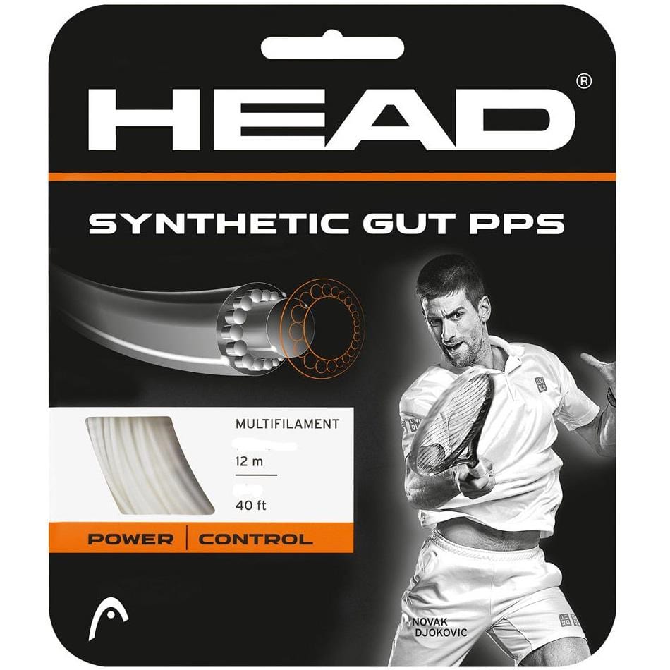 Packaging for Tennis HQ's Choose Strings tennis string featuring an illustration of a tennis player in action. The packaging highlights "Multifilament," and specifies "12 m" and "40 ft." It emphasizes the features "Power" and "Control.