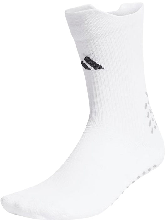 The adidas Performance Cushioned Crew Grip Sports Sock in white features a black logo near the top and textured sole grip dots for cushioning and moisture management.