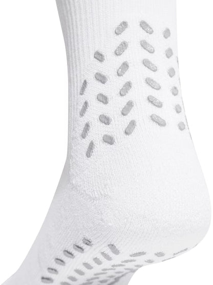 Close-up of the heel of the adidas Performance Cushioned Crew Grip Sports Socks in white, featuring gray rubberized grip dots for enhanced traction, slip prevention, and superior moisture management by adidas.