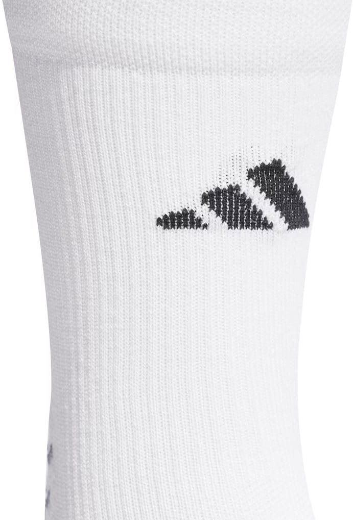 Close-up of adidas Performance Cushioned Crew Grip Sports Socks in white, featuring the black adidas logo and three stripes, designed for moisture management and lasting comfort.