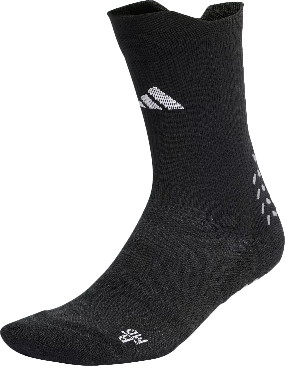 The adidas Performance Cushioned Crew Grip Sports Sock in black features a white adidas logo on the side and an "L" by the toe. Moisture-wicking for comfort during workouts, this sock is shown on a white background.