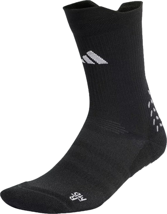 The adidas Performance Cushioned Crew Grip Sports Sock in black features a white adidas logo on the side and an "L" by the toe. Moisture-wicking for comfort during workouts, this sock is shown on a white background.