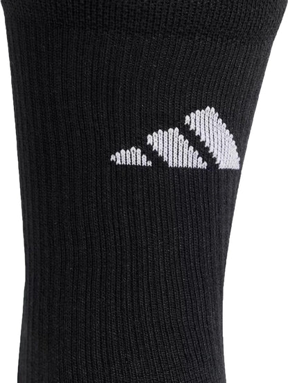 Close-up of adidas Performance Cushioned Crew Grip Sports Socks in black, showcasing a ribbed texture and white three-stripe logo—designed for optimum comfort, support, and grip during sports.