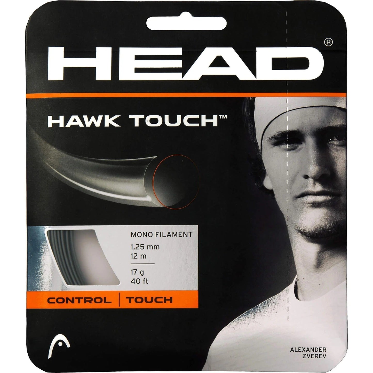 Packaging for Tennis HQ Choose Strings, showcasing a black and white image of a tennis player. The text highlights "Mono Filament," "1.25 mm," and "12 m," as well as the product weight and length: 17g/40ft. Emphasis is placed on "Control" and "Touch.