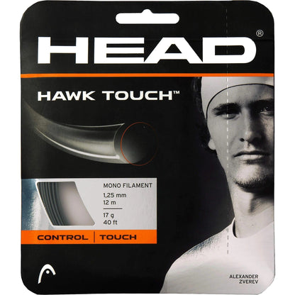 Packaging for Tennis HQ Choose Strings, showcasing a black and white image of a tennis player. The text highlights "Mono Filament," "1.25 mm," and "12 m," as well as the product weight and length: 17g/40ft. Emphasis is placed on "Control" and "Touch.