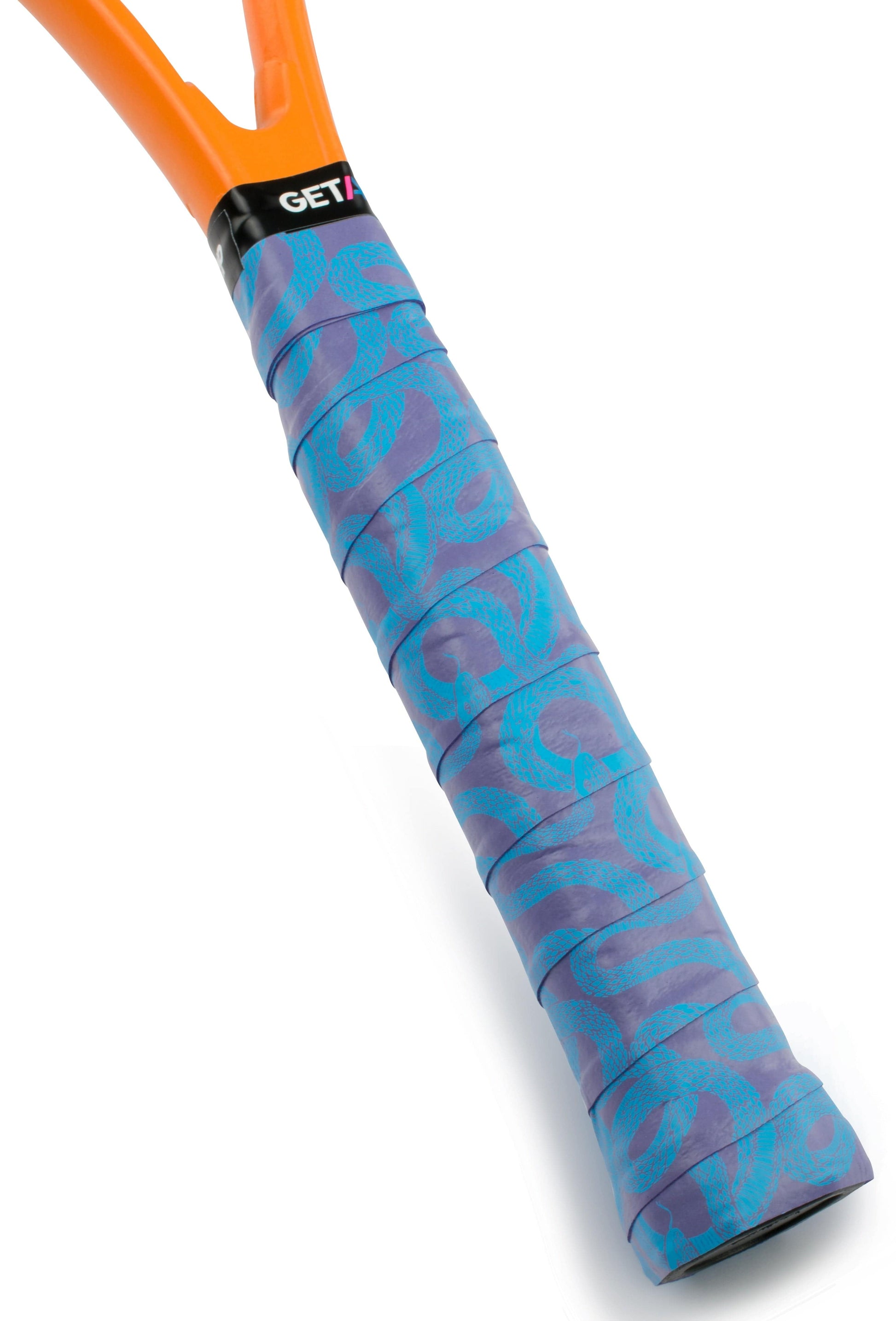 Close-up of a tennis racket handle wrapped with Get a Grip Tennis Overgrip - Hydra by Get A Grip, featuring a blue textured design; the top of the handle is orange with part of the brand name visible—a thoughtful gift for tennis players.