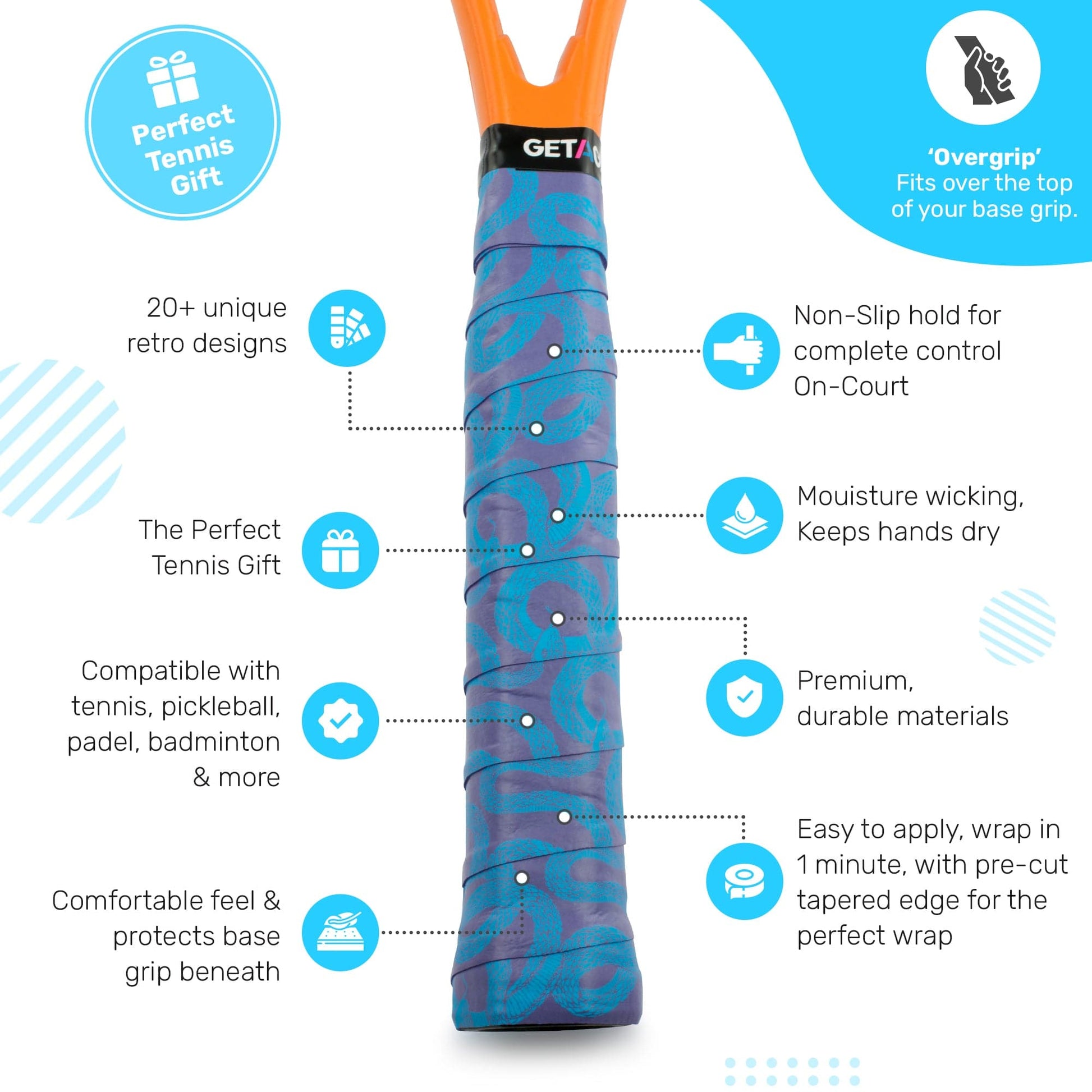 The Get a Grip Tennis Overgrip - Hydra by Get A Grip offers a blue patterned, non-slip, moisture-wicking, durable grip. Easy to apply and comfy, it suits various sports and comes in 20+ retro designs—ideal for gifts or upgrading your tennis racket.