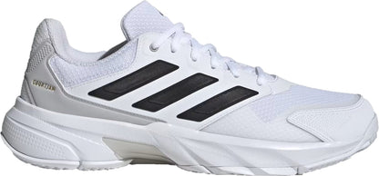 The adidas CourtJam Control 3 Men’s Tennis Shoes in Cloud White/Core Black/Grey feature black stripes, a mesh upper, textured sole, and heel branding. This low-cut sneaker delivers court stability—ideal for hardcourt performance.