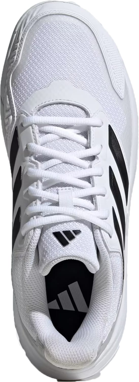Top view of the adidas CourtJam Control 3 Men's Tennis Shoes in Cloud White/Core Black/Grey, featuring black stripes, a white sole, and adidas logos. Designed for court stability and hard-court performance with stylish details.