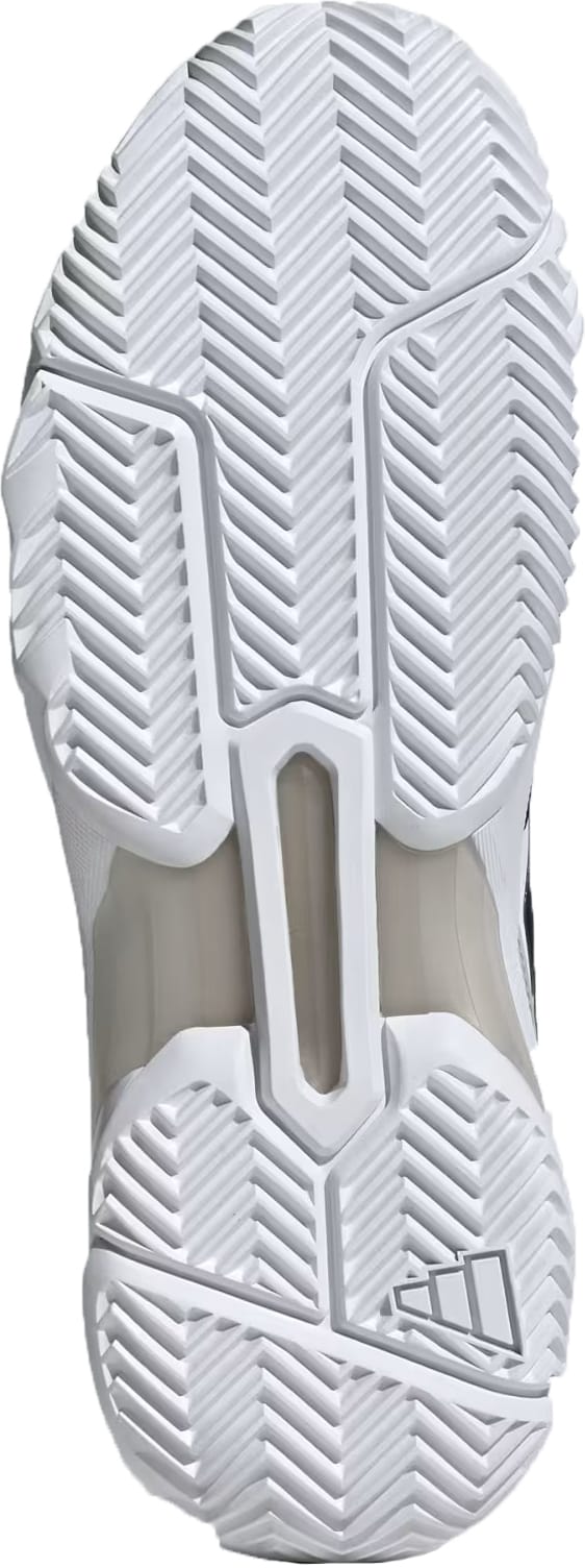 Close-up of the adidas CourtJam Control 3 Men's Tennis Shoe sole in Cloud White/Core Black/Grey, showing a herringbone tread for stability, textured grip, transparent midsection, and geometric details.