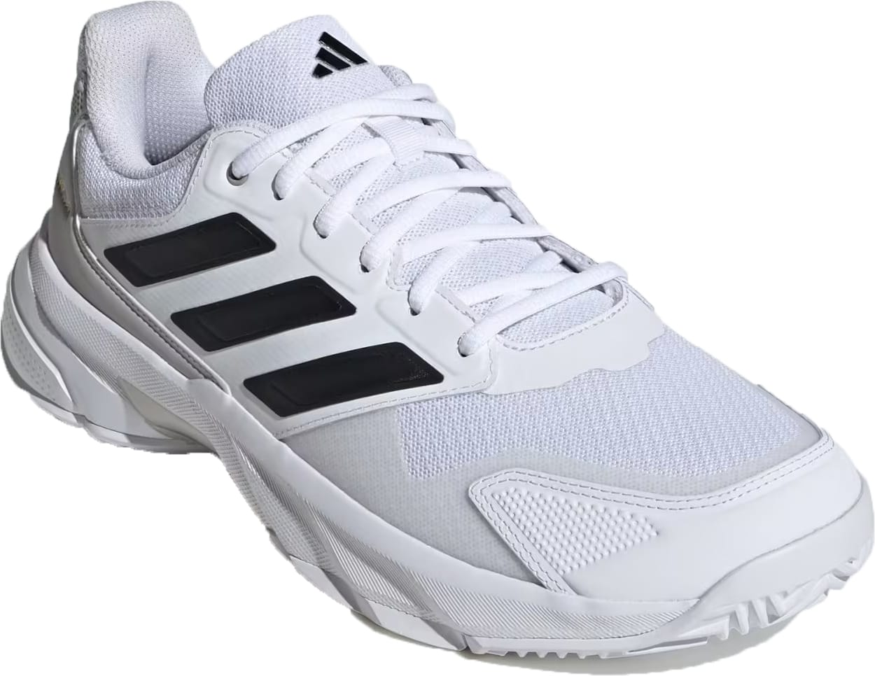 The adidas CourtJam Control 3 Men's Tennis Shoes in Cloud White, Core Black, and Grey feature black side stripes, white laces, and a textured sole for court stability. Displayed angled on a white background.