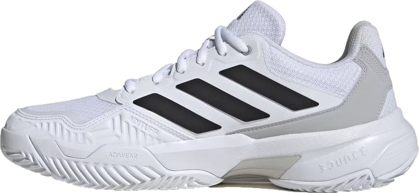 The adidas CourtJam Control 3 Men's Tennis Shoes feature a white mesh upper with black stripes, gray heel and sole accents, and a textured sole for court stability.