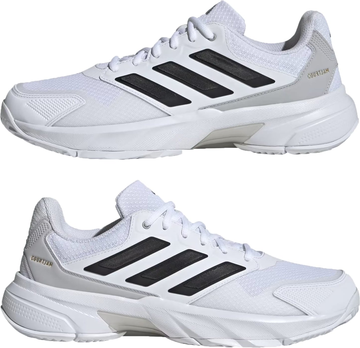 The adidas CourtJam Control 3 Men's Tennis Shoes in Cloud White/Core Black/Grey, shown from the side on a white background, feature black stripes and offer superior court stability for active play.