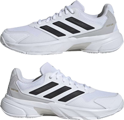 The adidas CourtJam Control 3 Men's Tennis Shoes in Cloud White/Core Black/Grey, shown from the side on a white background, feature black stripes and offer superior court stability for active play.