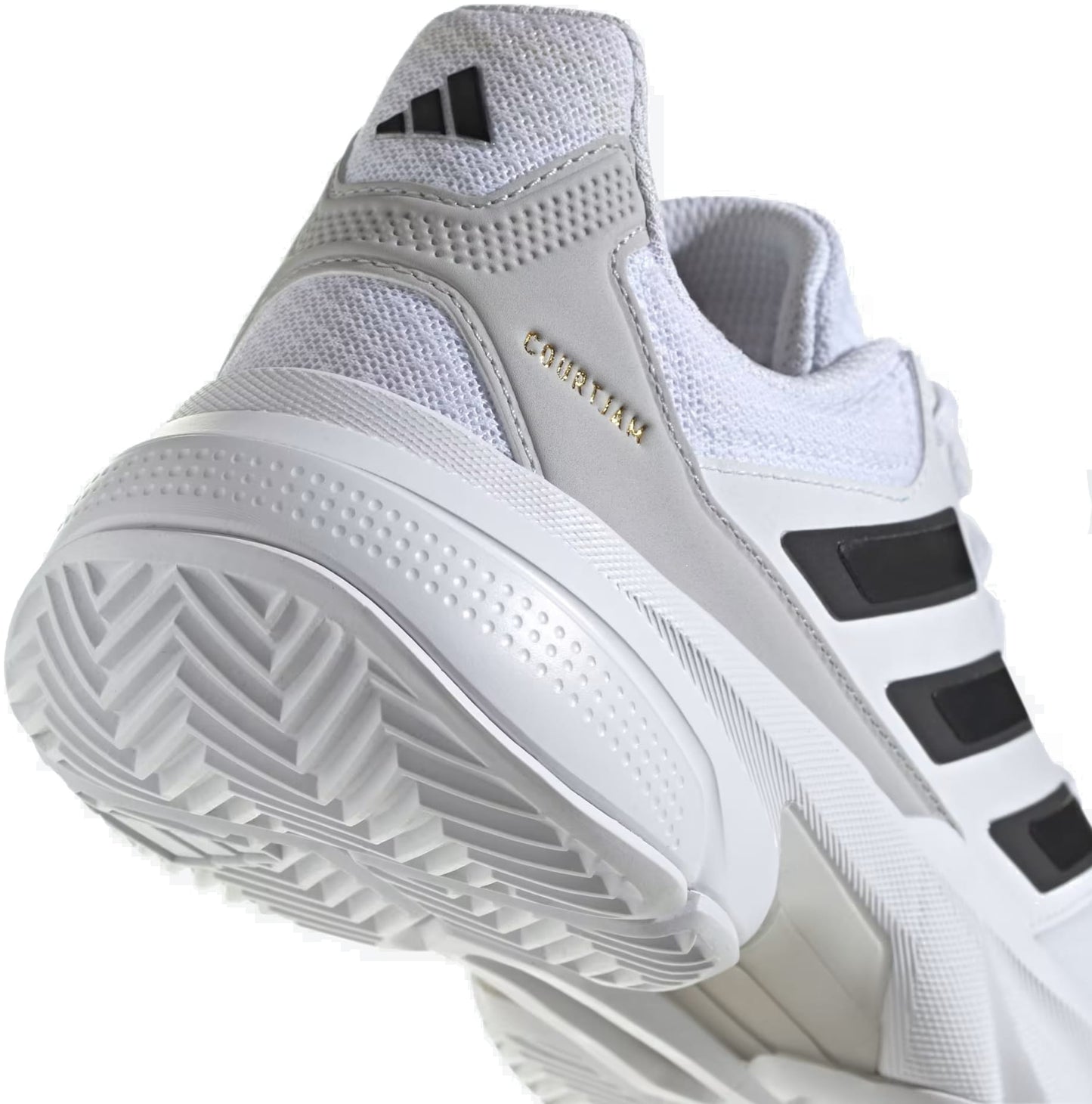 Close-up of the adidas CourtJam Control 3 Men’s Tennis Shoe in Cloud White/Core Black/Grey, featuring black stripes, a textured sole for grip, mesh upper for court stability, and an adidas logo on the heel.