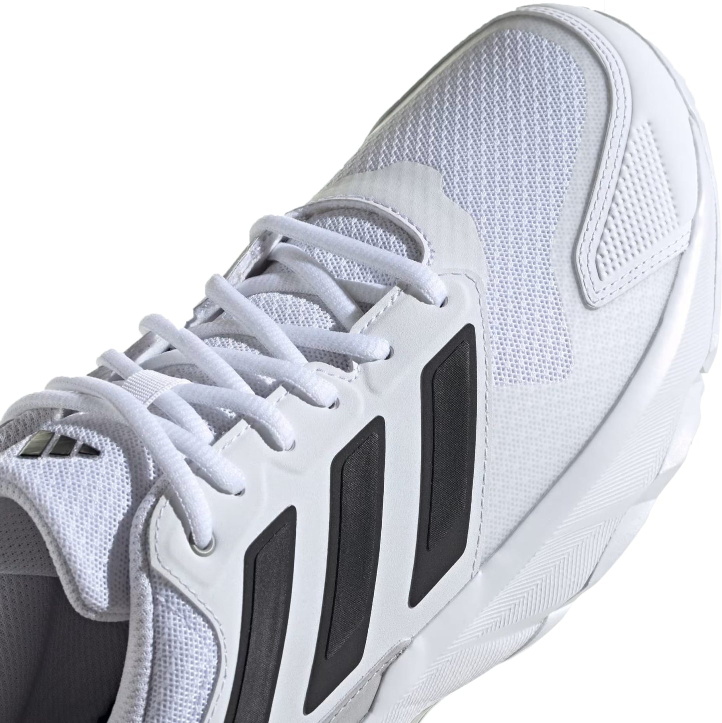 Close-up of adidas CourtJam Control 3 Men’s Tennis Shoes in Cloud White/Core Black/Grey, featuring breathable mesh, white laces, and three black stripes for court stability, shown on a white background.