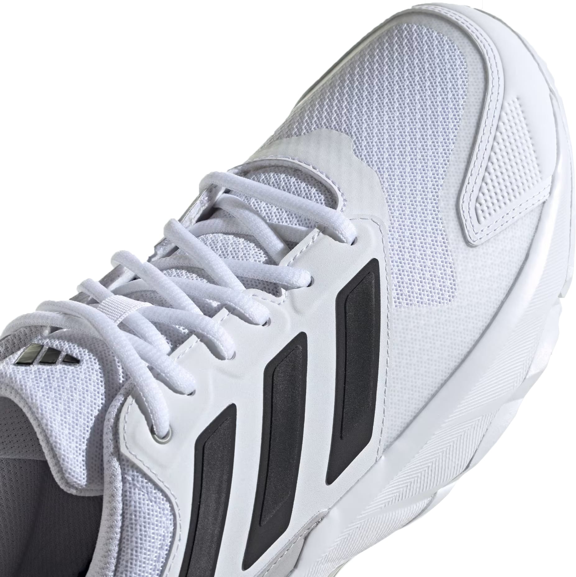 Close-up of adidas CourtJam Control 3 Men’s Tennis Shoes in Cloud White/Core Black/Grey, featuring breathable mesh, white laces, and three black stripes for court stability, shown on a white background.