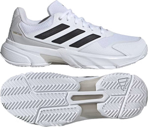 The adidas CourtJam Control 3 Men’s Tennis Shoes in Cloud White, Core Black, and Grey feature black side stripes, a textured sole with deep grooves for traction and court stability, and "COURTTEAM" near the heel.