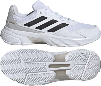 The adidas CourtJam Control 3 Men’s Tennis Shoes in Cloud White, Core Black, and Grey feature black side stripes, a textured sole with deep grooves for traction and court stability, and "COURTTEAM" near the heel.