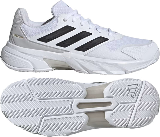 The adidas CourtJam Control 3 Men’s Tennis Shoes in Cloud White, Core Black, and Grey feature black side stripes, a textured sole with deep grooves for traction and court stability, and "COURTTEAM" near the heel.