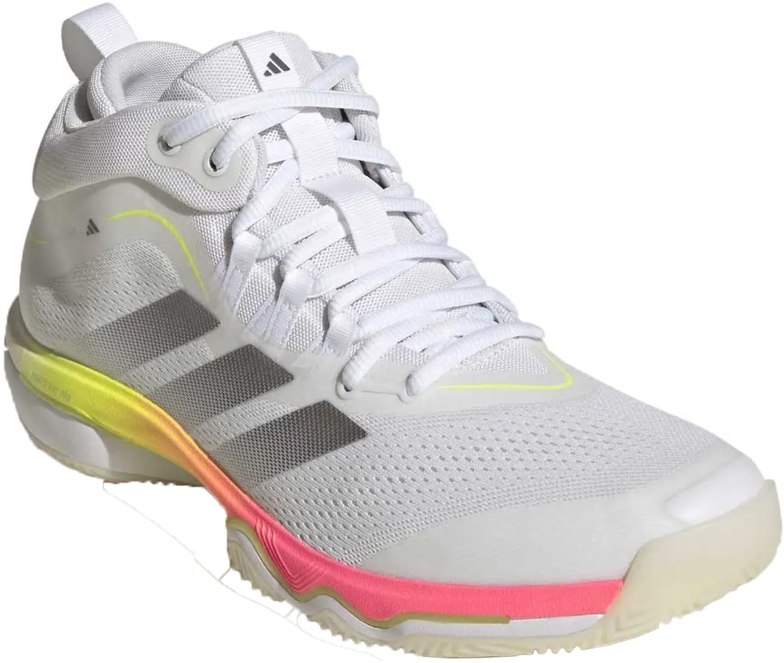 The adidas Crazyflight 7 Men’s Indoor Tennis Shoes in Cloud White/Iron Metallic feature a mesh upper, lace-up closure, signature black stripes, a yellow-to-pink BOOST midsole, cream sole, and high-top design for ankle support and responsive cushioning.
