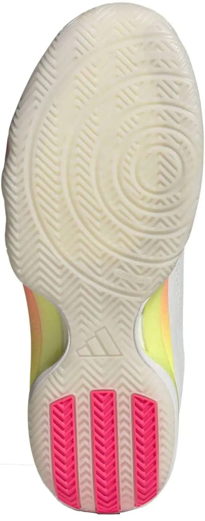 The image shows the sole of the adidas Crazyflight 7 Men's Indoor Tennis Shoes in Cloud White/Iron Metallic, featuring a white base, pink grip near the heel, an adidas logo midsole, and circular plus herringbone tread for grip and cushioning.